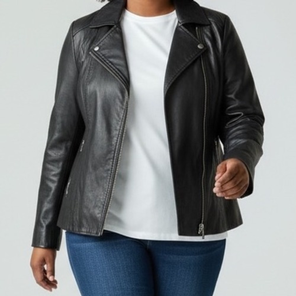Gino Leather Jacket XL Women Black Full Zip Classic Collar‎ -minor flaws in pics